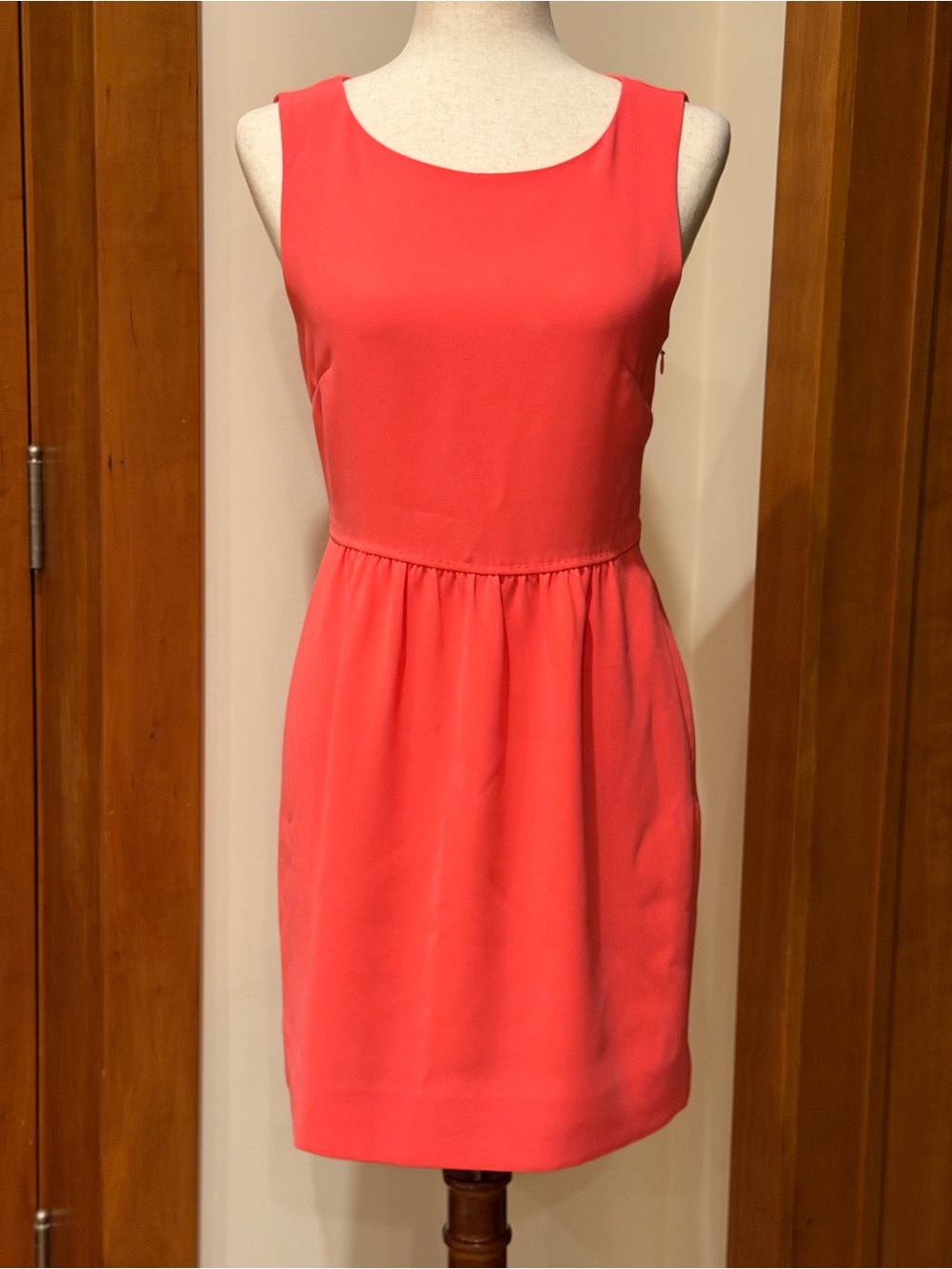 J. Crew Sleeveless Bright Coral Pink Gathered-Waist Mini Dress